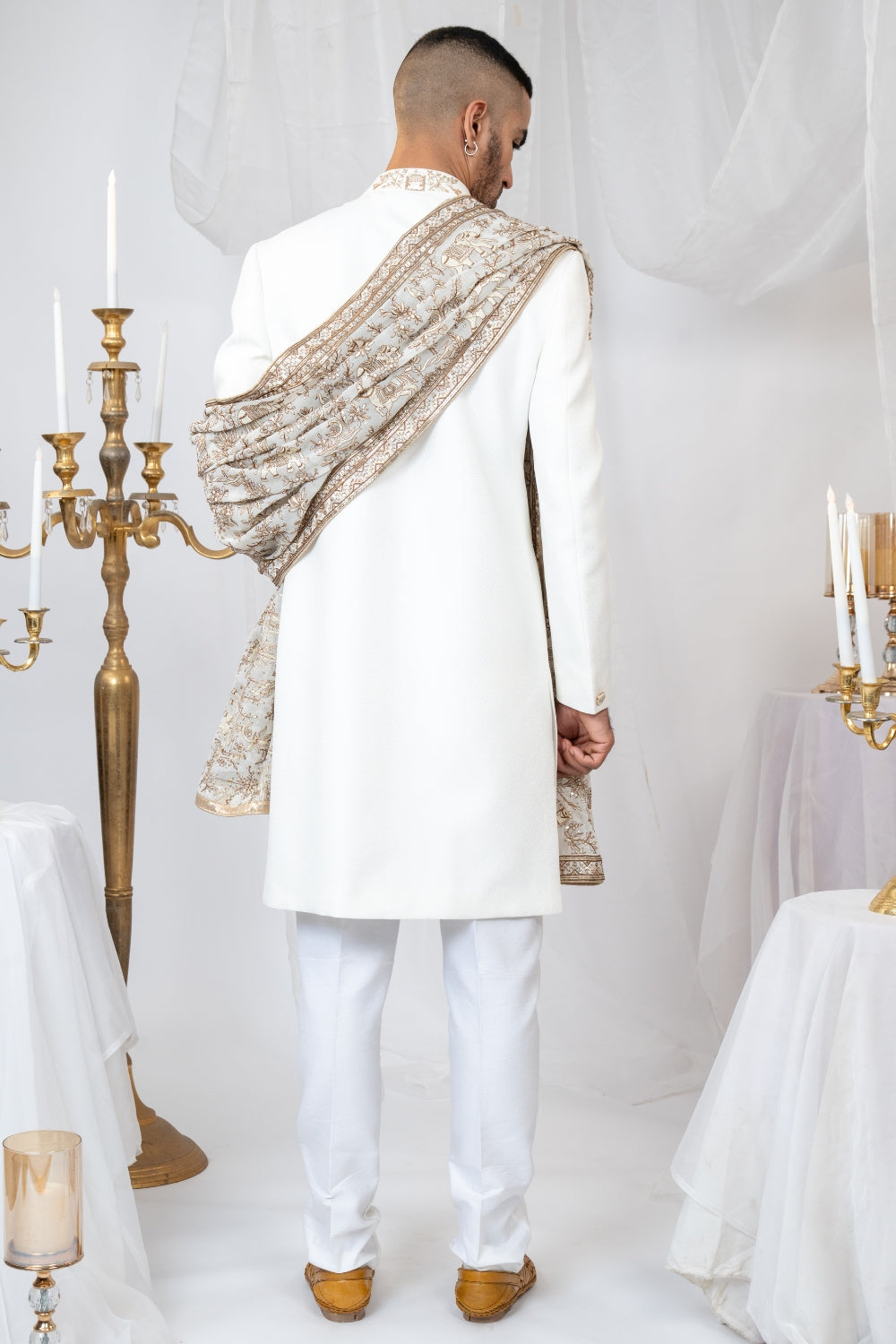 Off-White Matka Silk Sherwani with Zardosi and Resham Embroidery