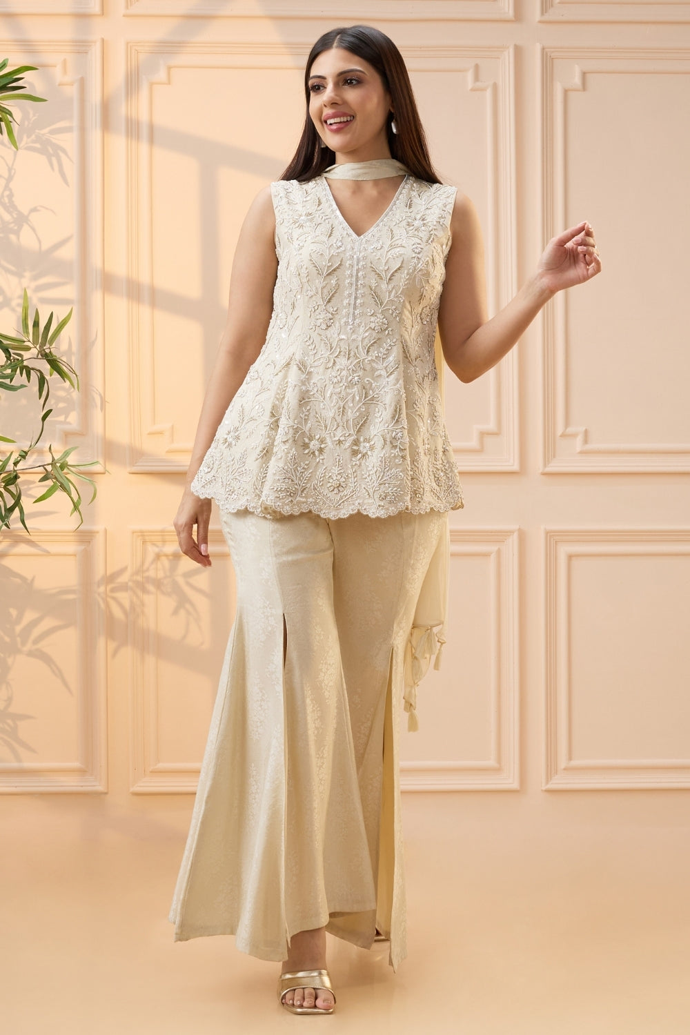 Off White Banarasi Silk indo western with Cutdana and Moti Work