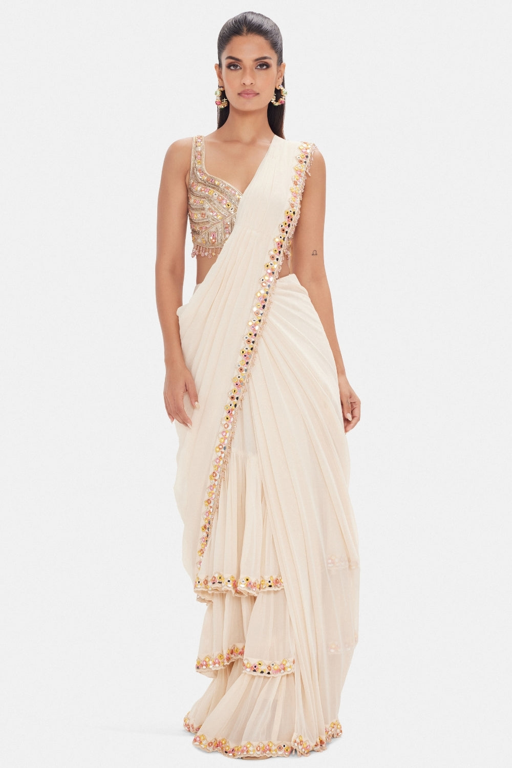 Off White Georgette Draped Saree with Cutdana and Mirror Work