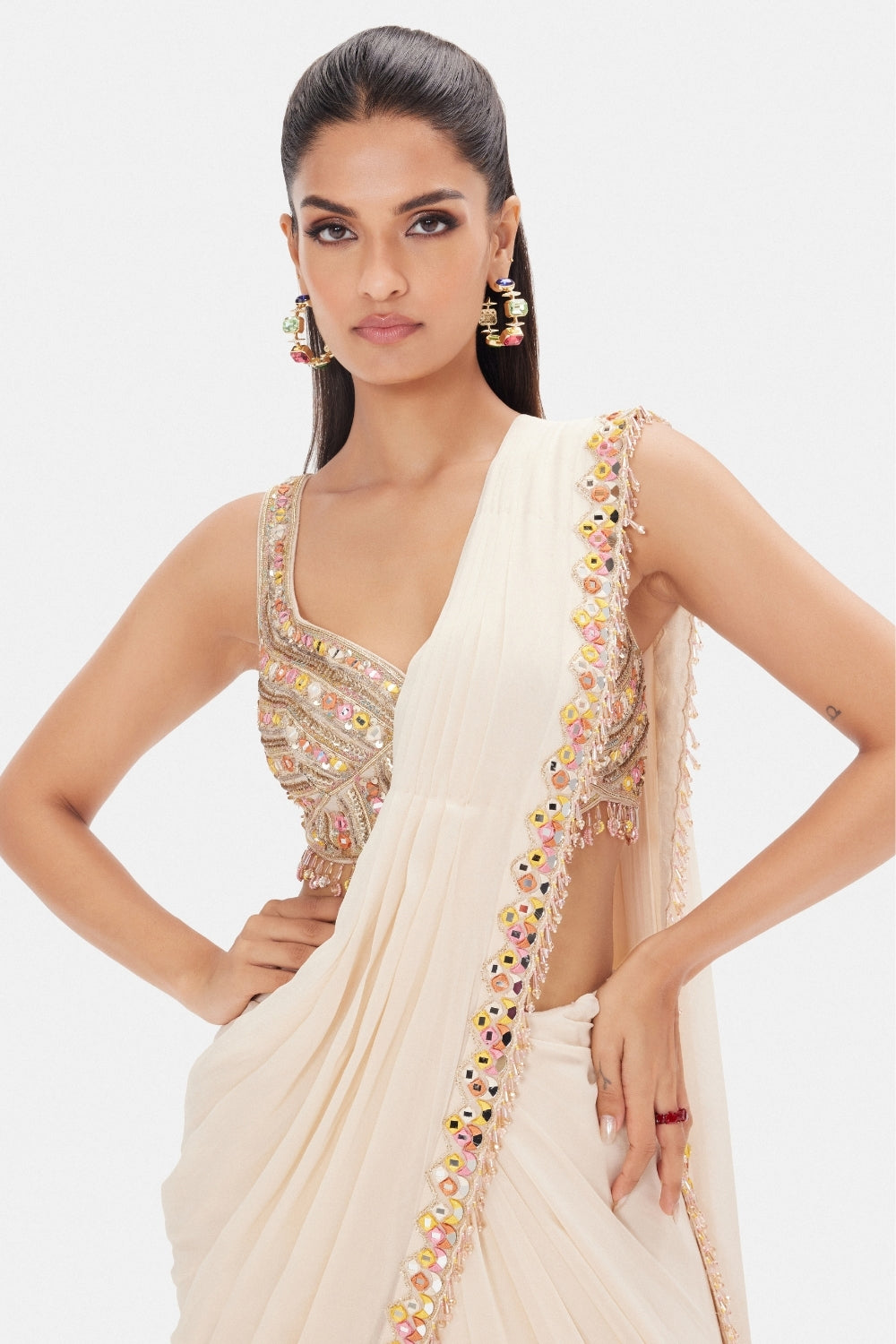 Off White Georgette Draped Saree with Cutdana and Mirror Work