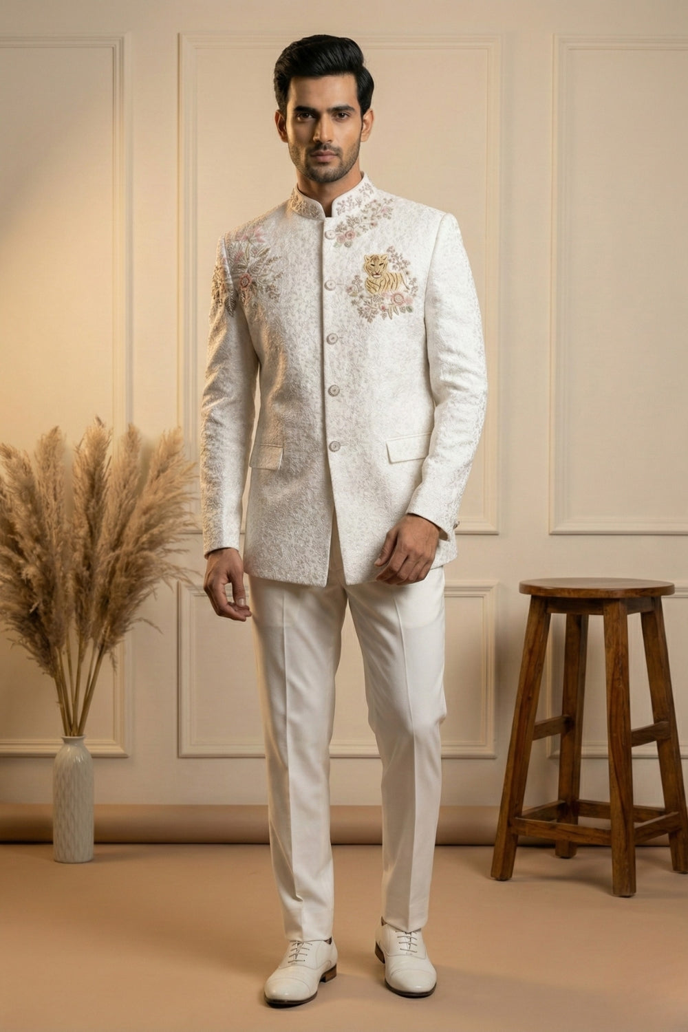 Off White Imported Jodhpuri Set with Zardosi and Moti Work