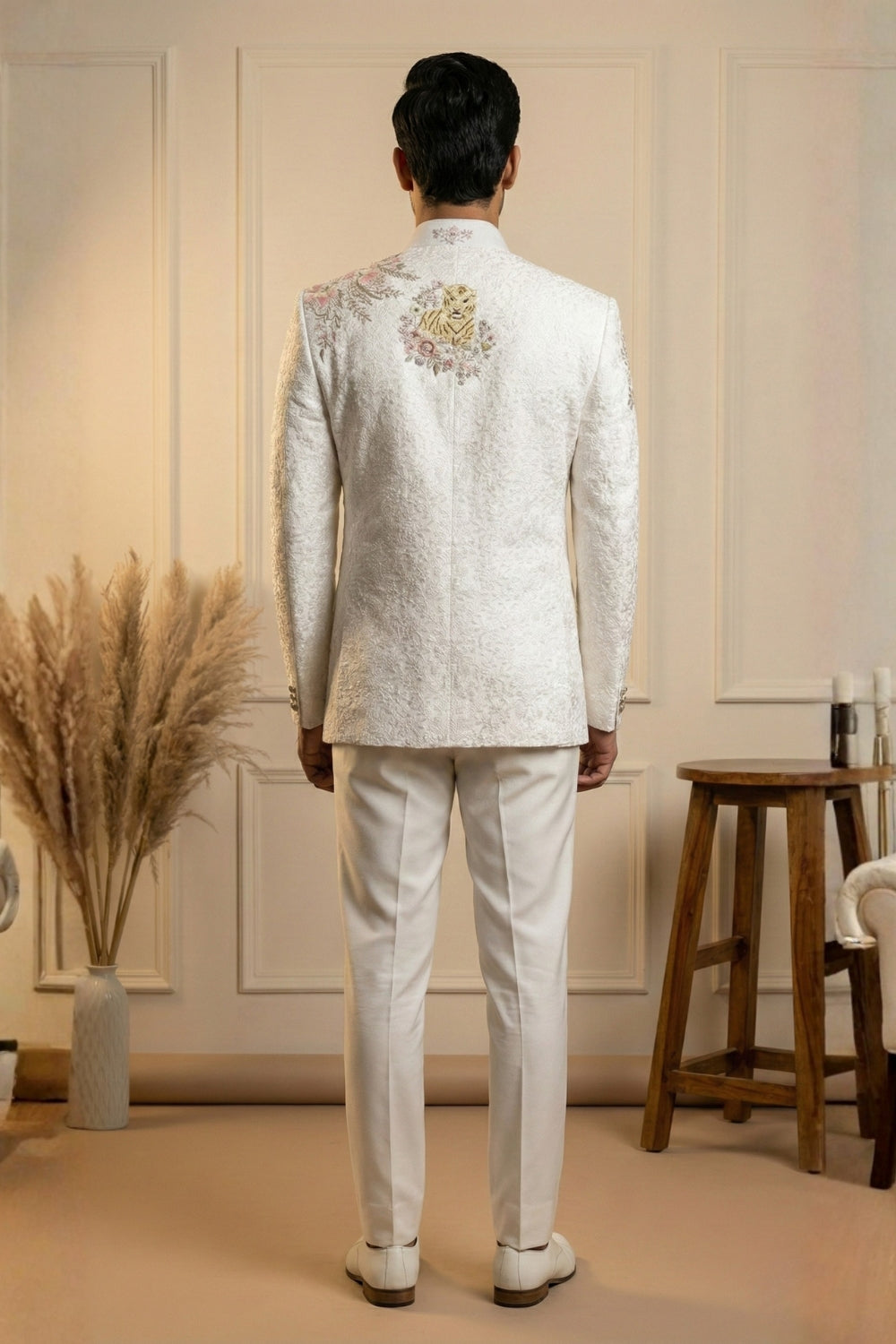 Off White Imported Jodhpuri Set with Zardosi and Moti Work