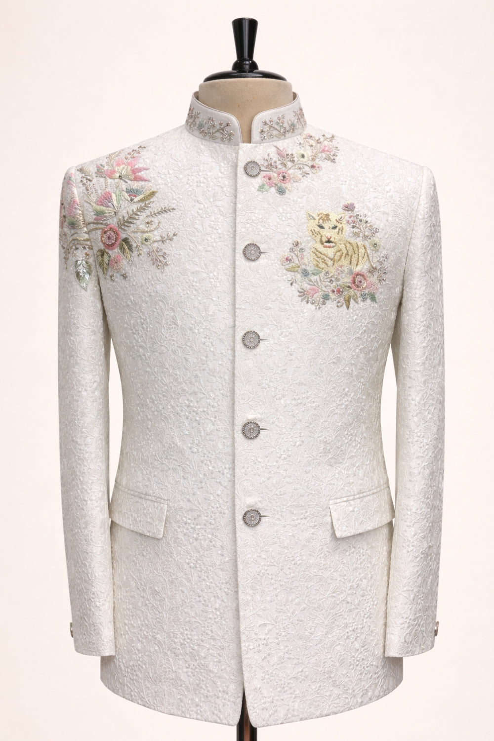 Off White Imported Jodhpuri Set with Zardosi and Moti Work