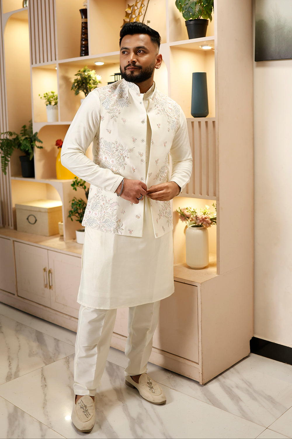 Off White Koti Set with Pastel Resham Floral Embroidery.