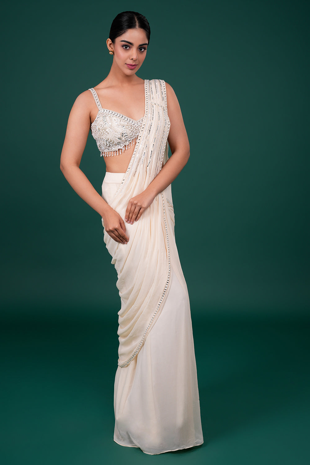 Off White Mirror work Sweetheart Blouse with bordered draped Saree