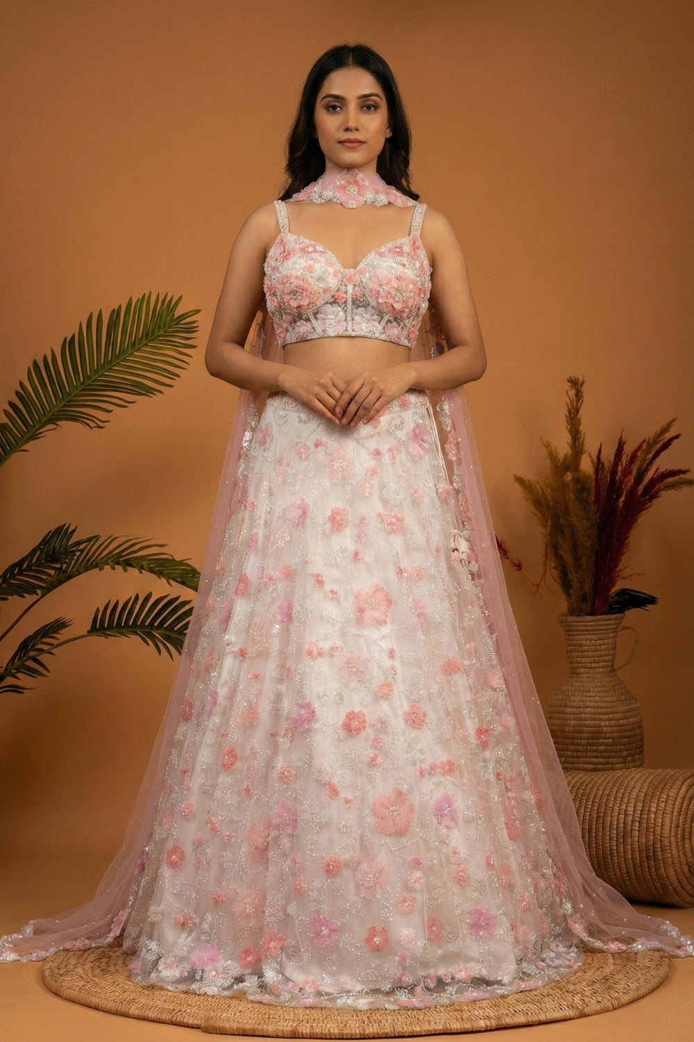 Off White Net Lehenga Set with Cutdana and Moti Work