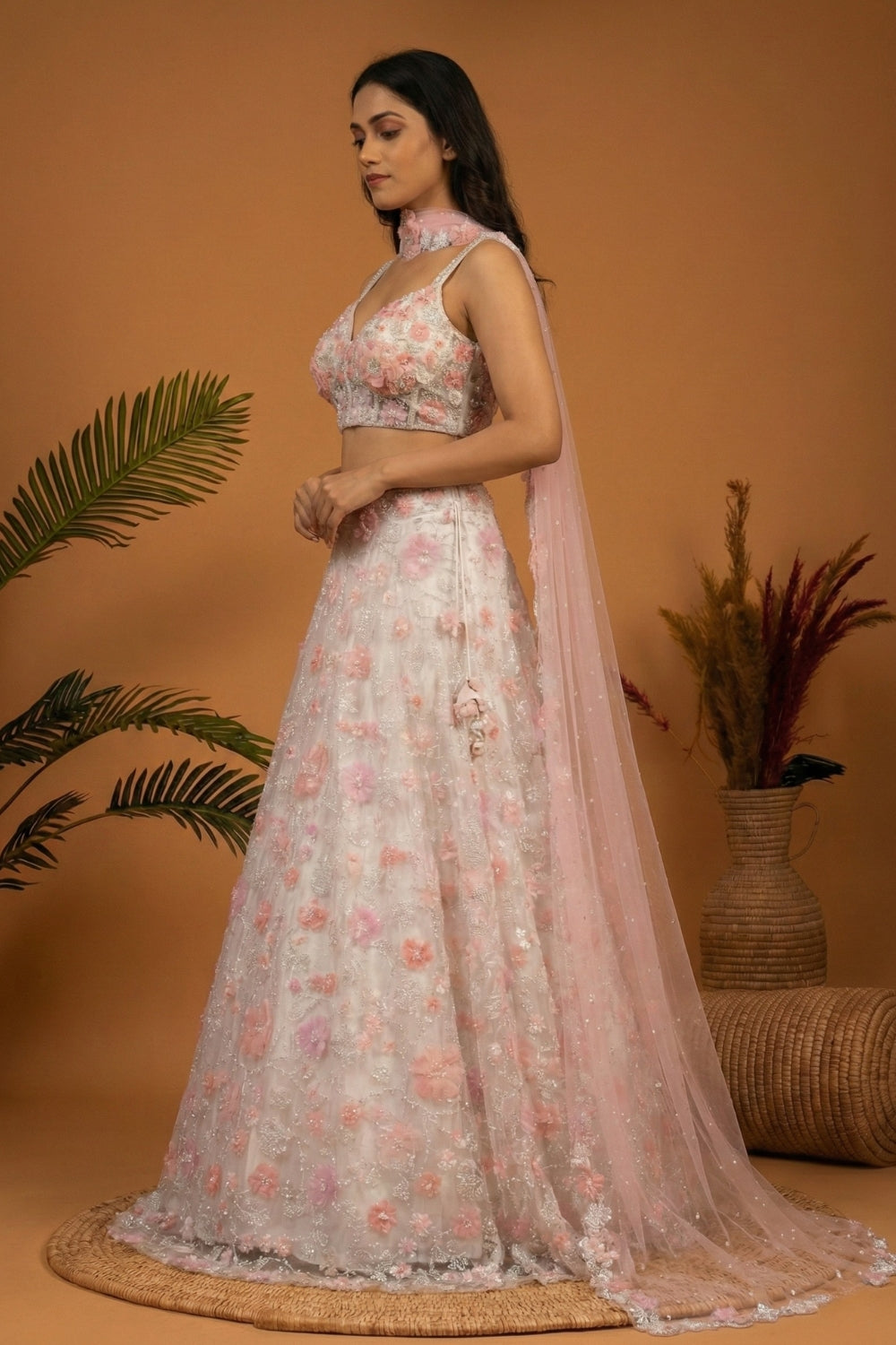 Off White Net Lehenga Set with Cutdana and Moti Work