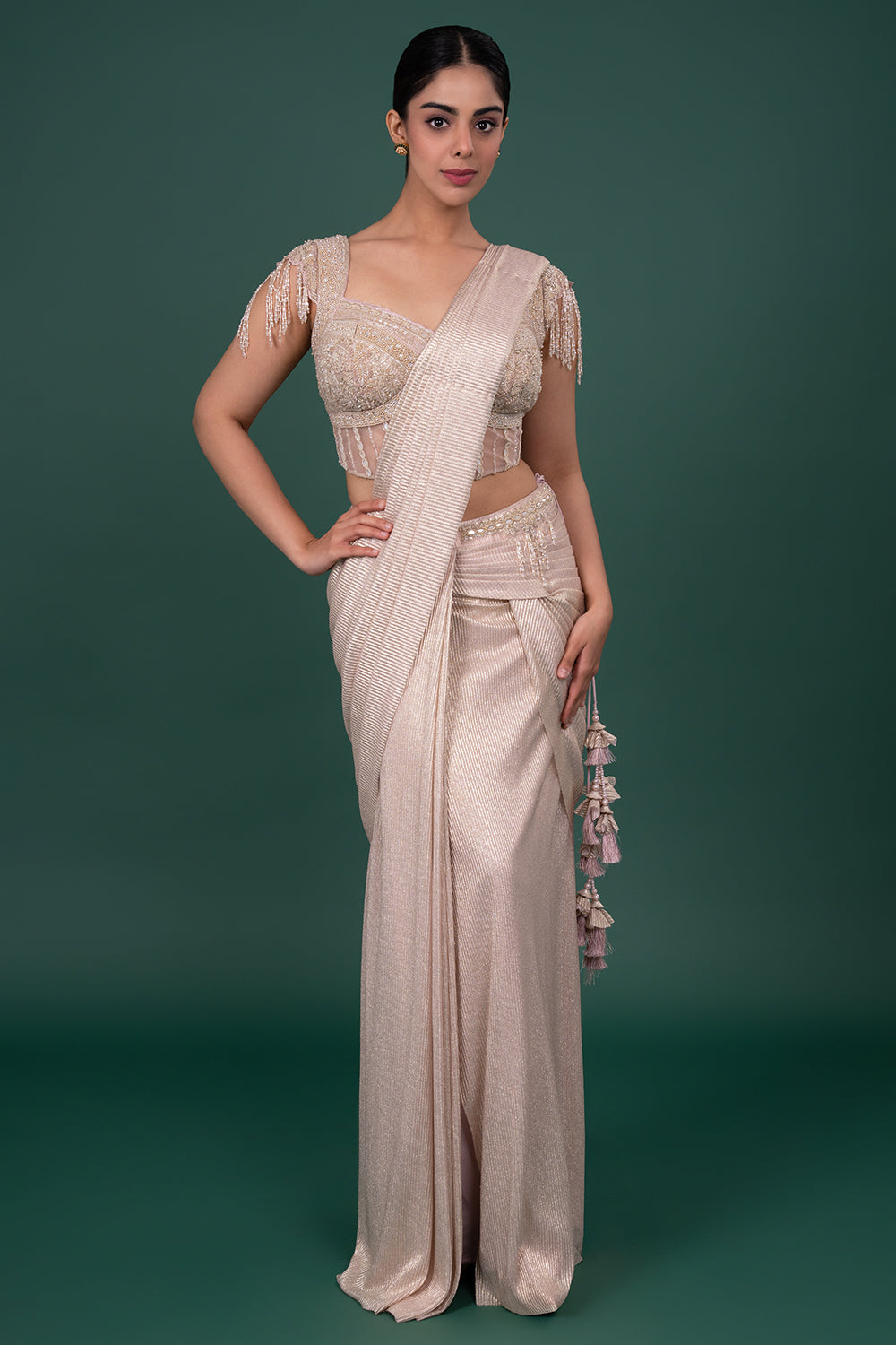 Off White Pre-Draped Saree with Fringed Cap Sleeve Blouse