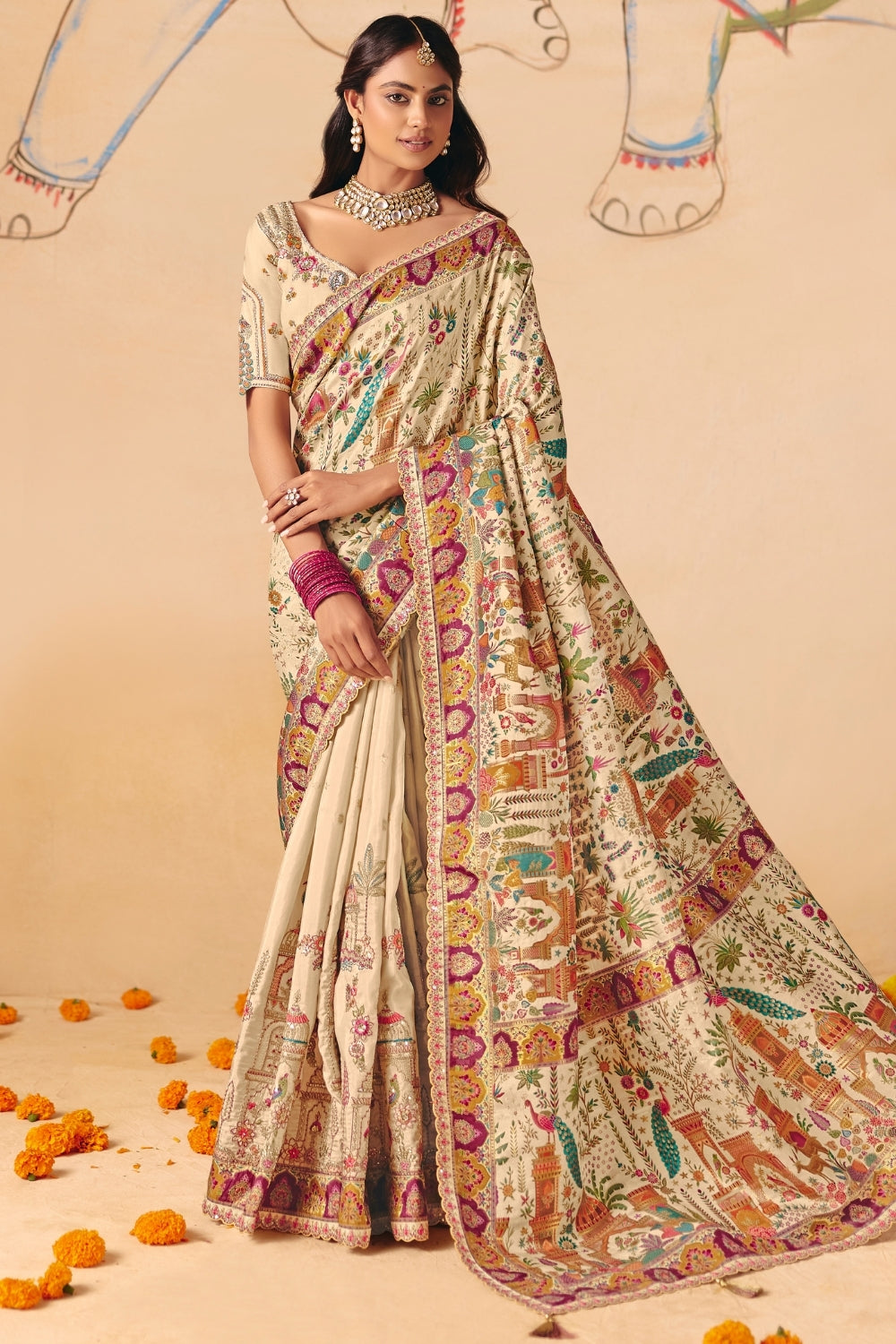 Off White Printed Silk Saree with Resham Embroidery Work