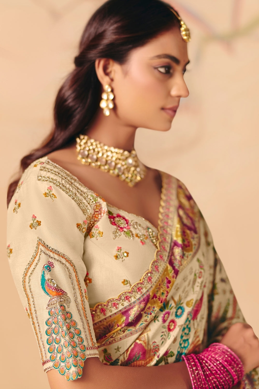 Off White Printed Silk Saree with Resham Embroidery Work