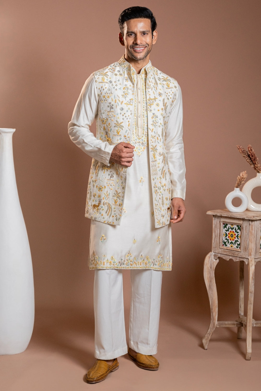 Off White Silk Koti Set with Mirror and Zardosi Work