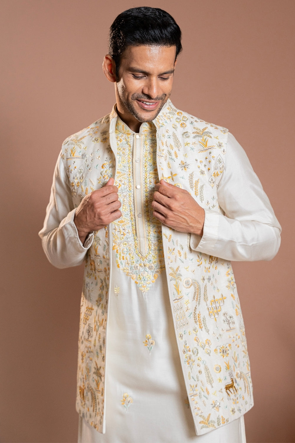 Off White Silk Koti Set with Mirror and Zardosi Work