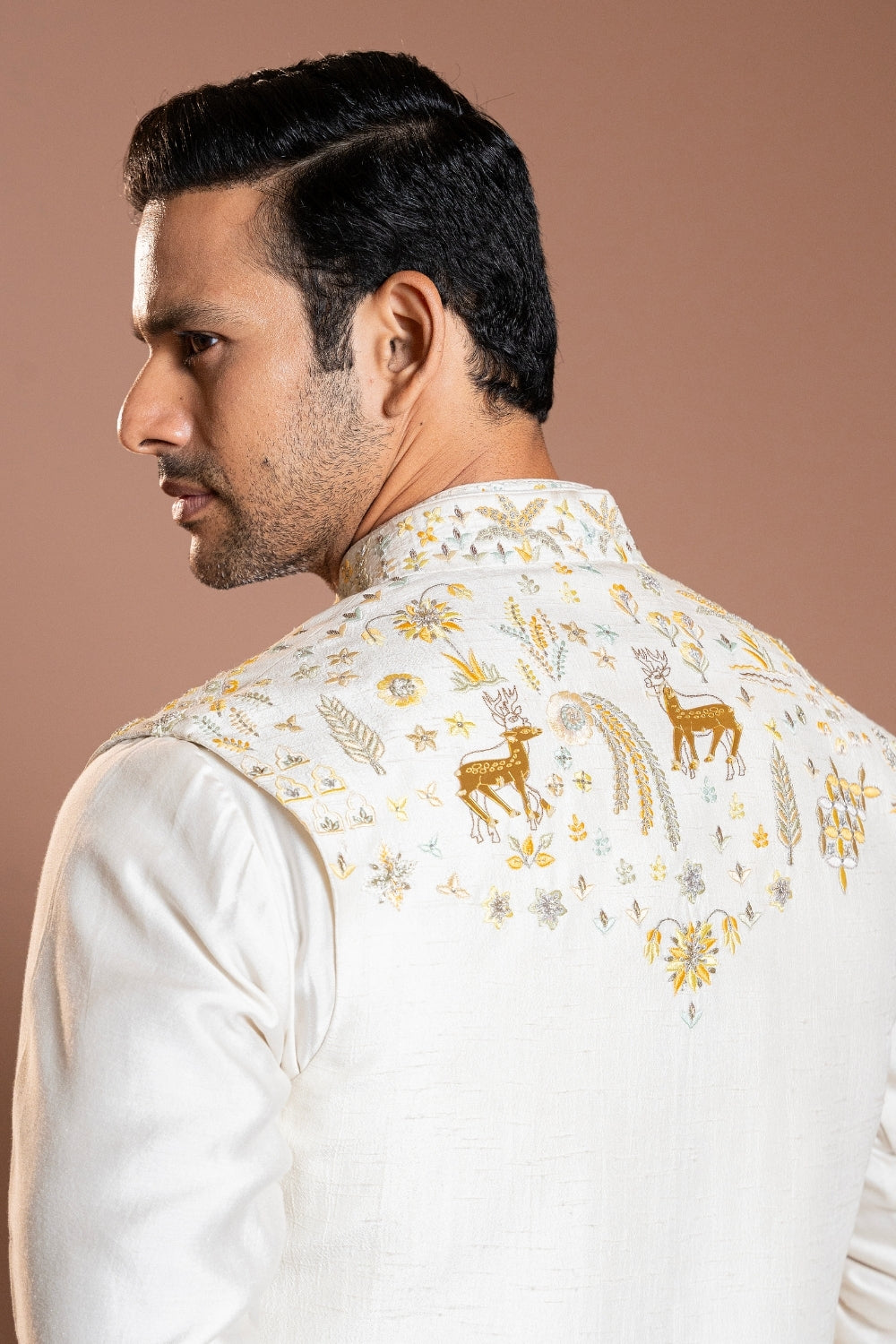 Off White Silk Koti Set with Mirror and Zardosi Work