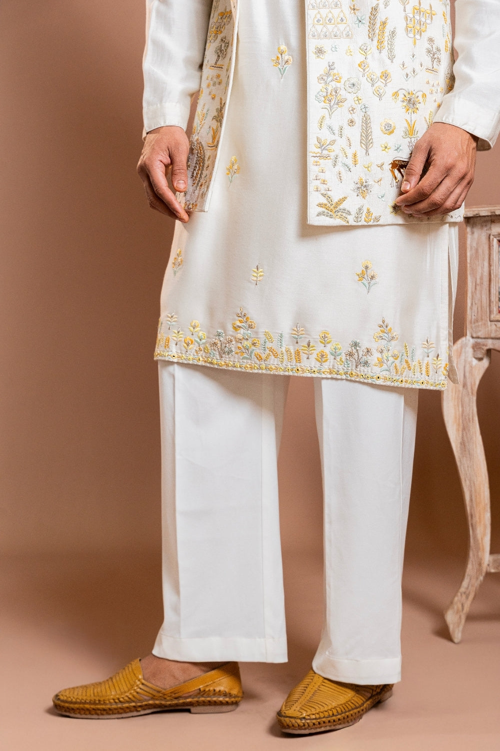 Off White Silk Koti Set with Mirror and Zardosi Work
