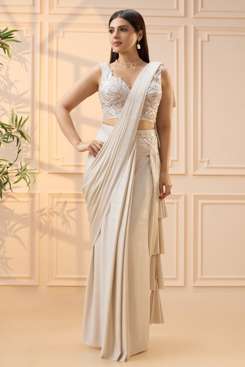 Off White Simmar Drape Saree with Moti and Cutdana Work