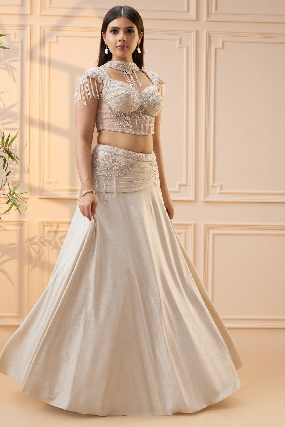 Off White Simmar Lehenga Set with Cutdana and Moti Work