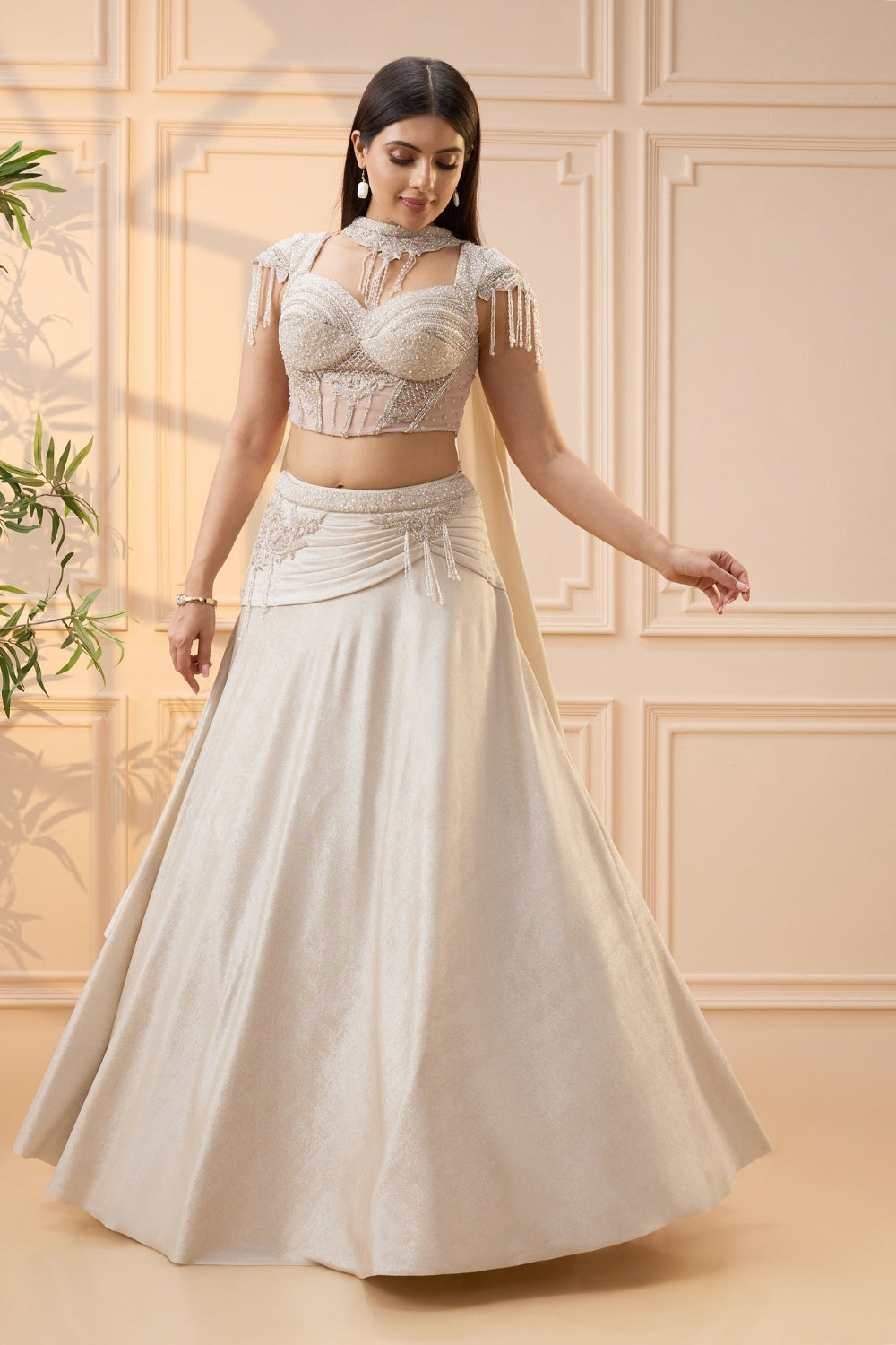 Off White Simmar Lehenga Set with Cutdana and Moti Work