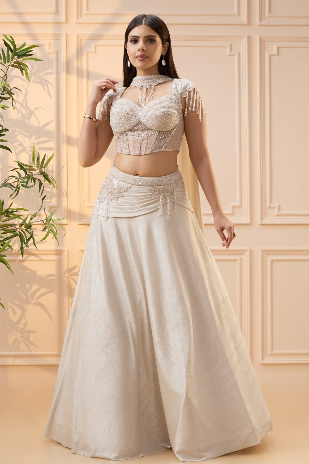 Off White Simmar Lehenga Set with Cutdana and Moti Work