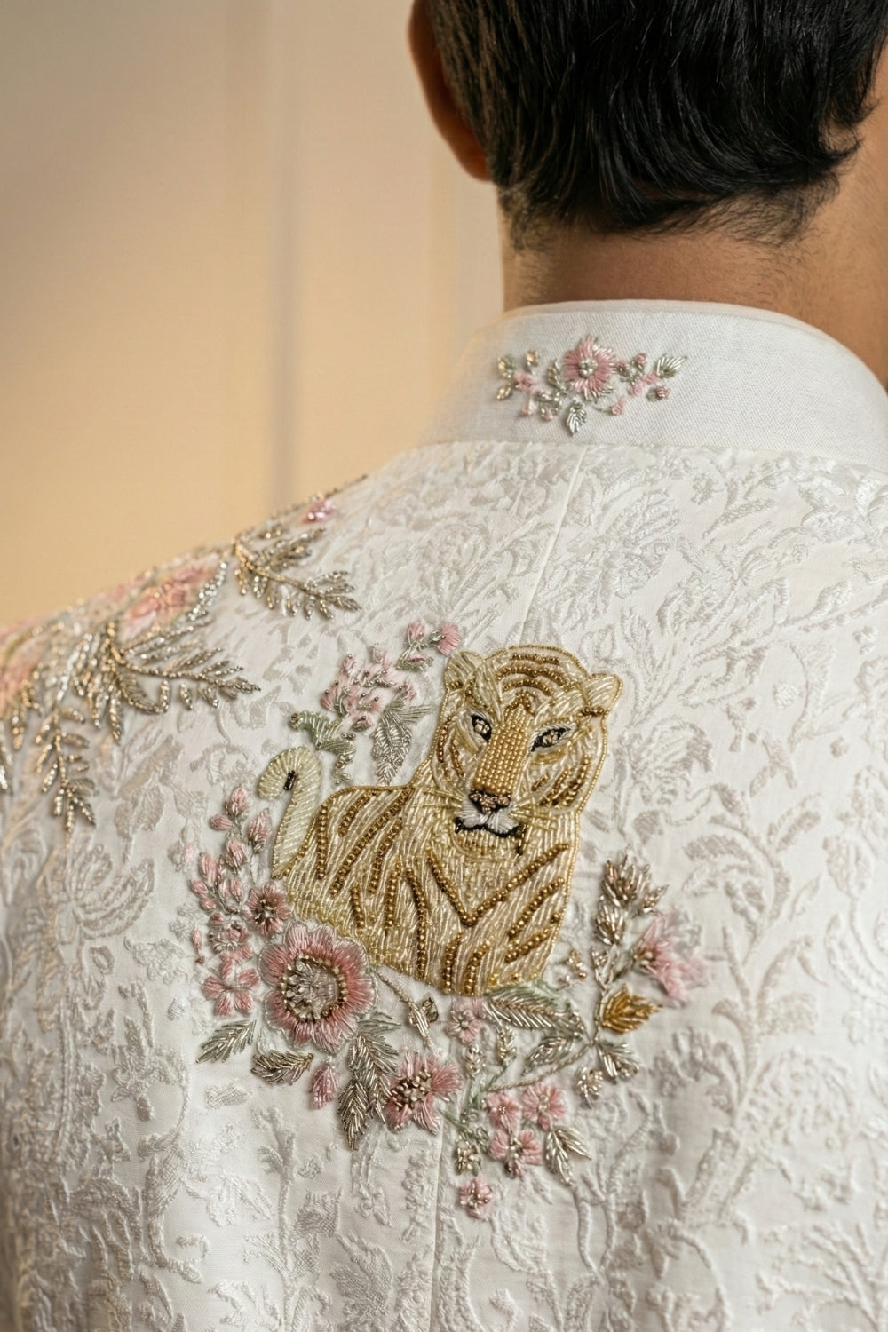 Off White Imported Jodhpuri Set with Zardosi and Moti Work