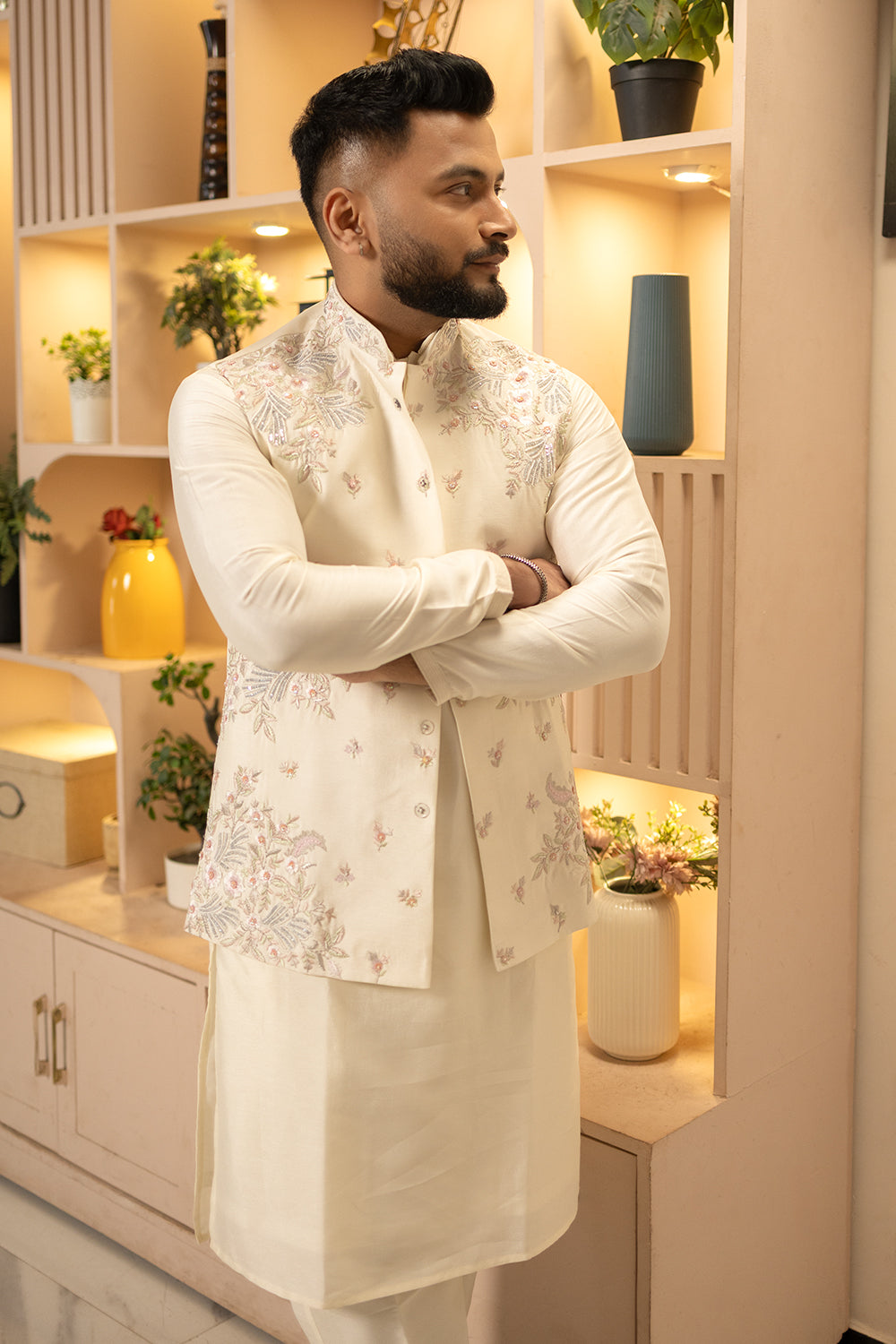 Off White Koti Set with Pastel Resham Floral Embroidery.