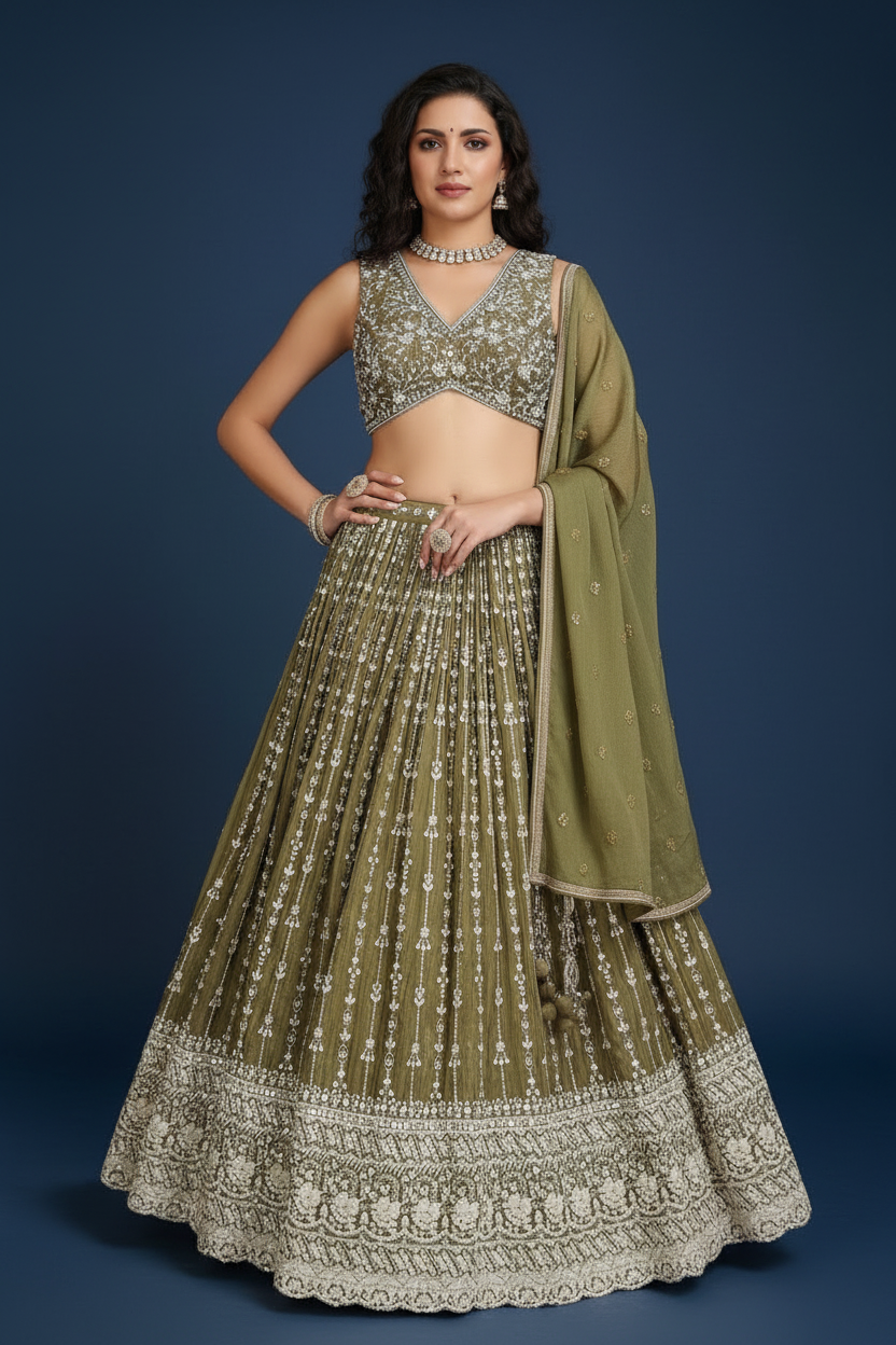 Olive Green Chinon Silk Lehenga Choli with Mirror and Sequins Work