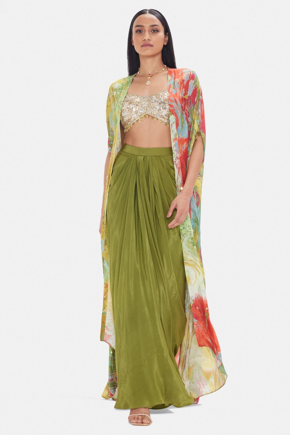 Olive Green Crepe Indo Western Set with Cutdana and Zari Work