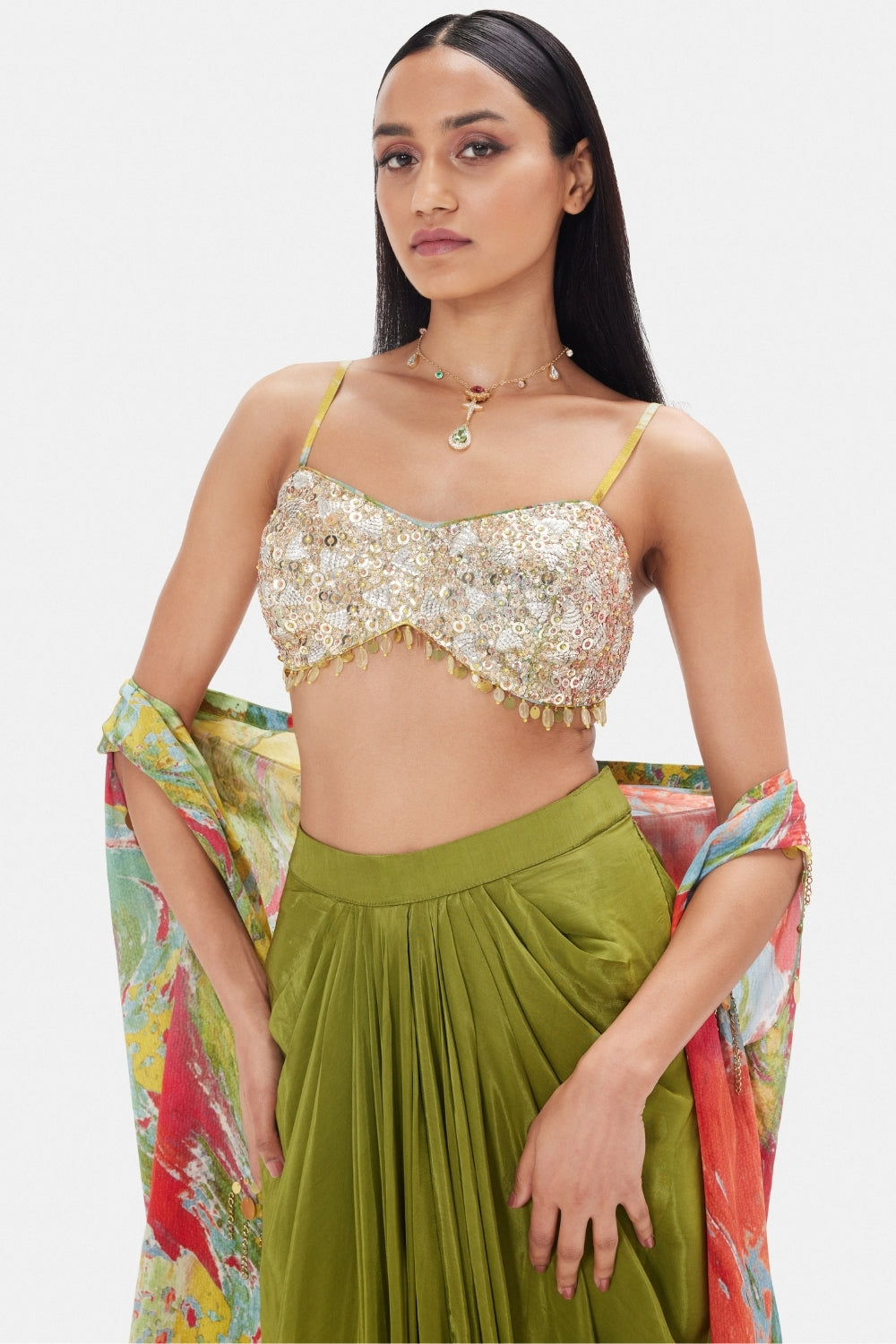 Olive Green Crepe Indo Western Set with Cutdana and Zari Work