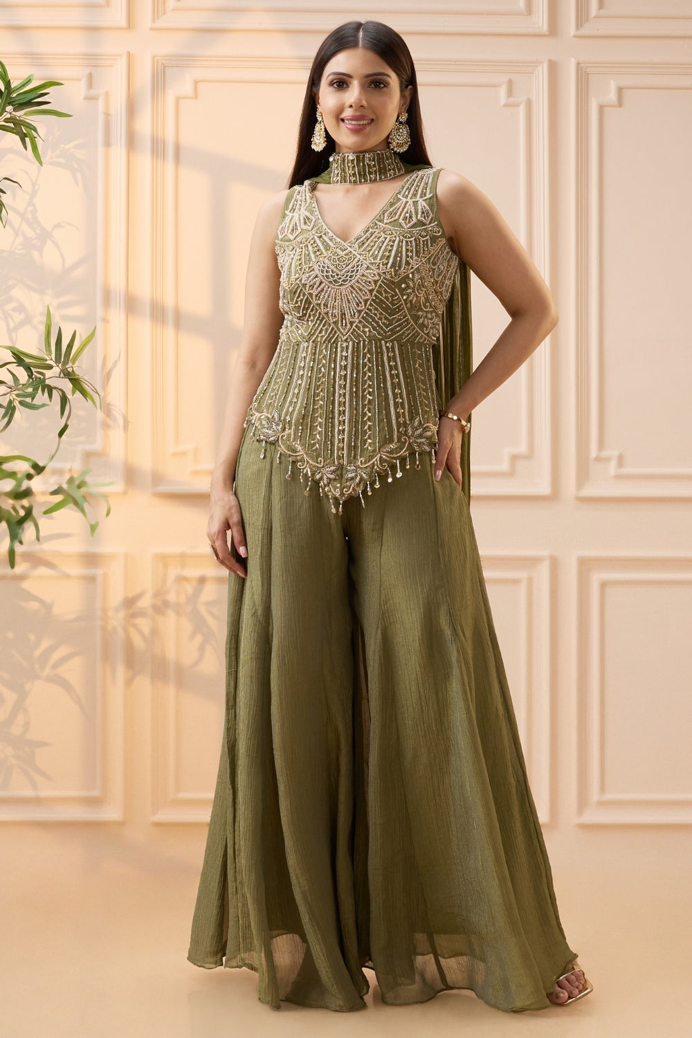 Olive Green Crush Tissue Palazzo Set with Moti and Cutdana Work