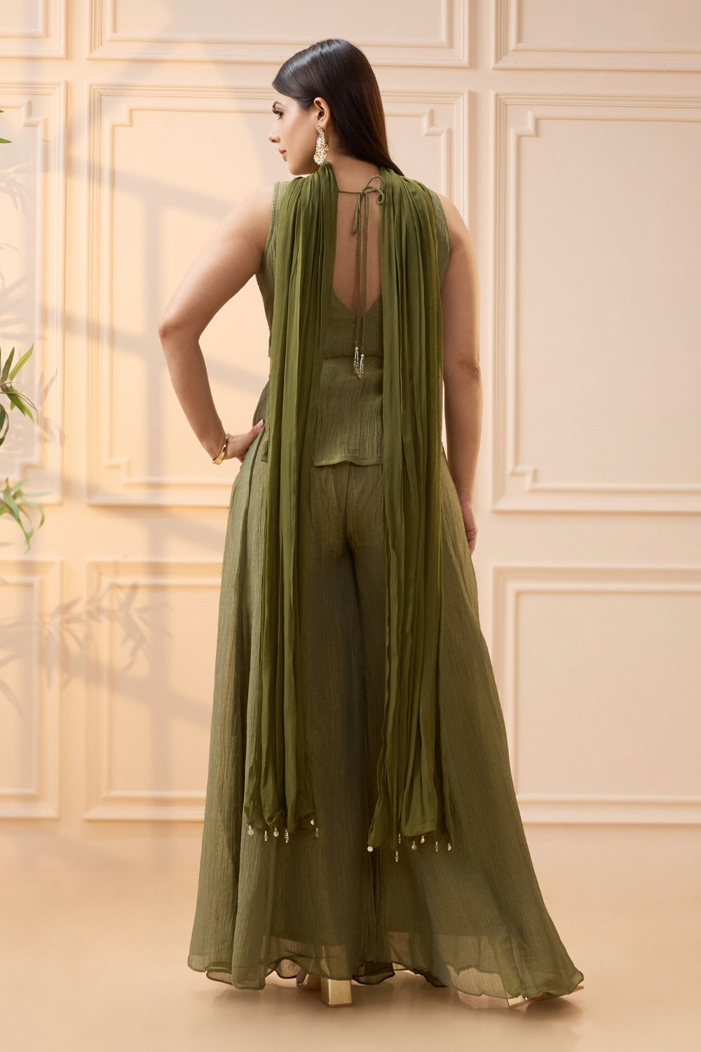 Olive Green Crush Tissue Palazzo Set with Moti and Cutdana Work