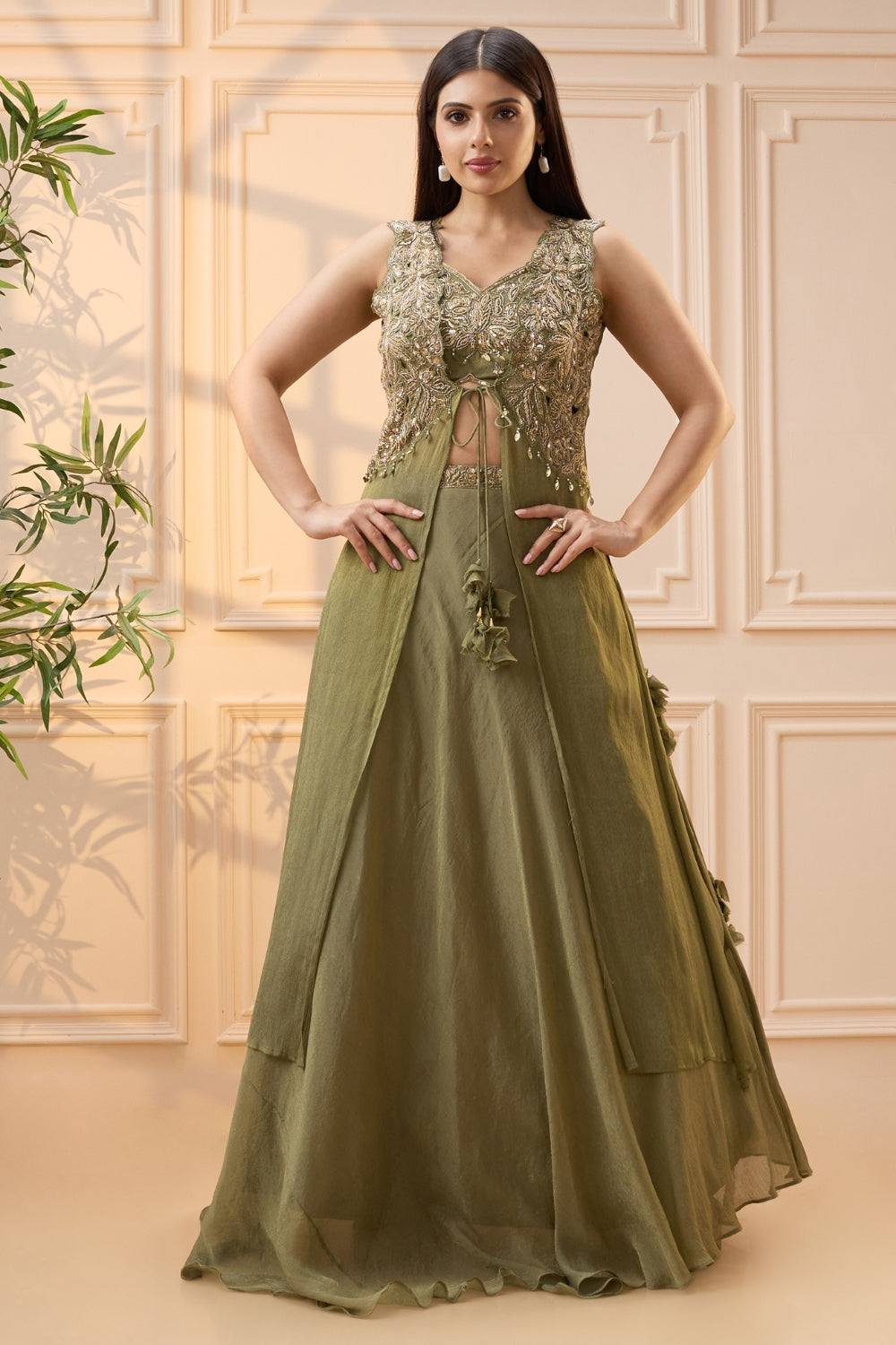 Olive Green Organza Lehenga Set with Cutdana and Moti Work