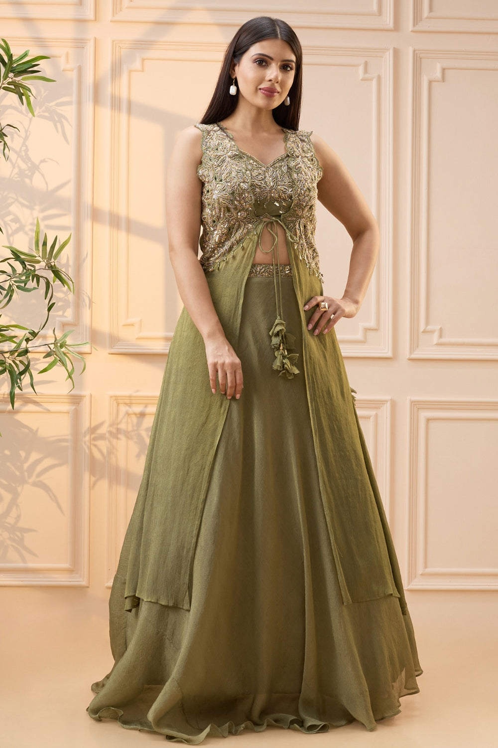 Olive Green Organza Lehenga Set with Cutdana and Moti Work