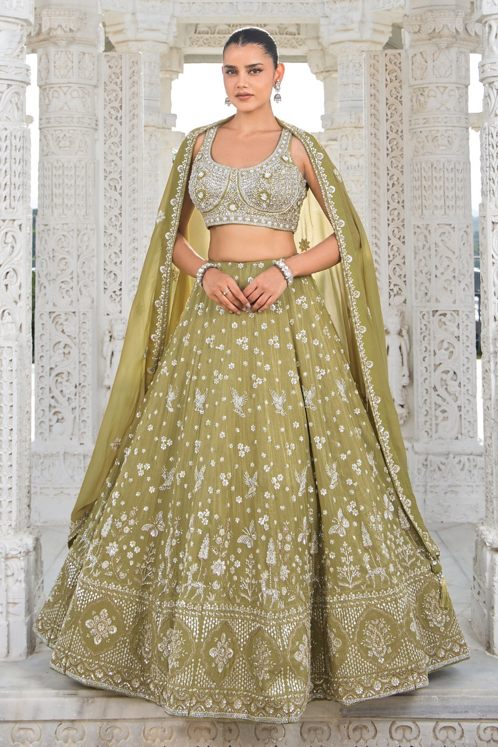 Olive Green Silk Tissue Lehenga Set with Moti and Zardosi Work