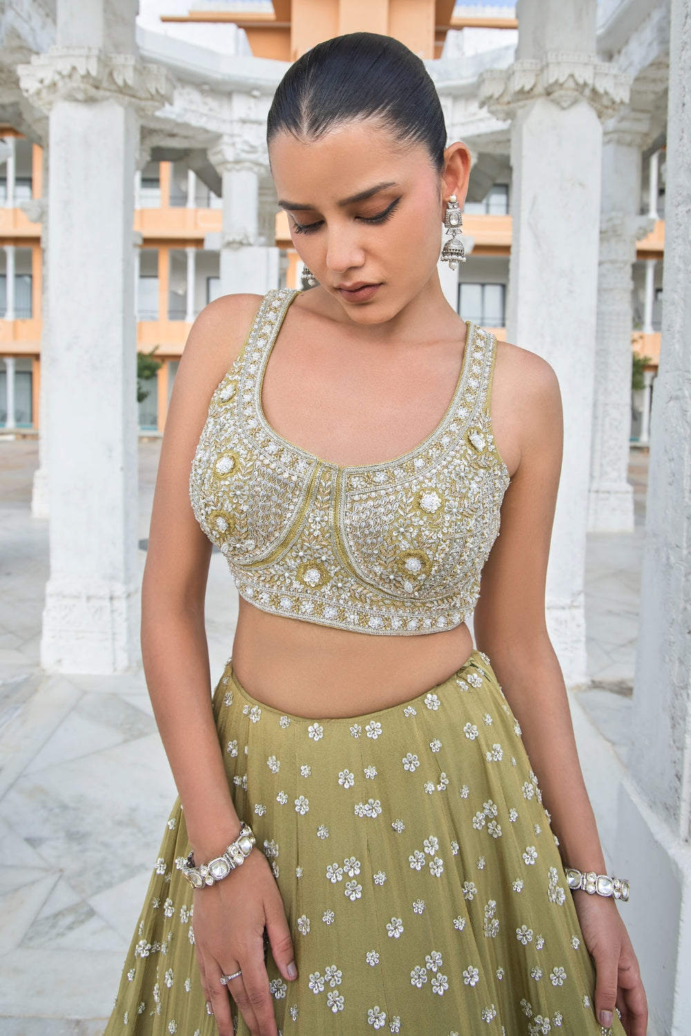 Olive Green Silk Tissue Lehenga Set with Moti and Zardosi Work