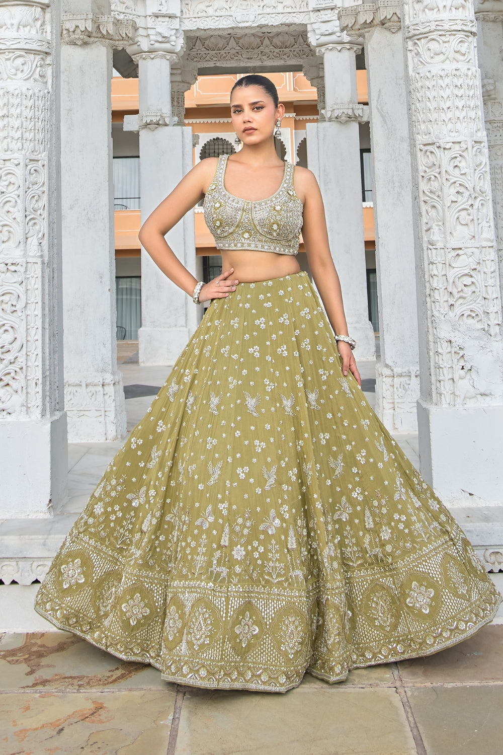 Olive Green Silk Tissue Lehenga Set with Moti and Zardosi Work