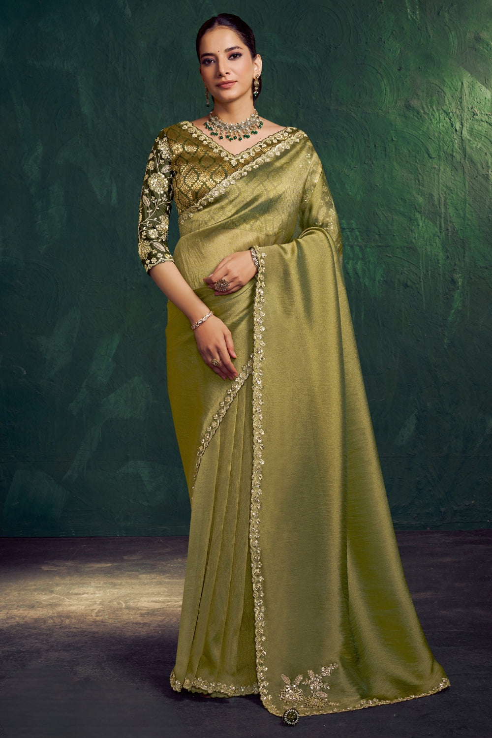 Olive Green Tissue Saree with Cutdana and Moti Work