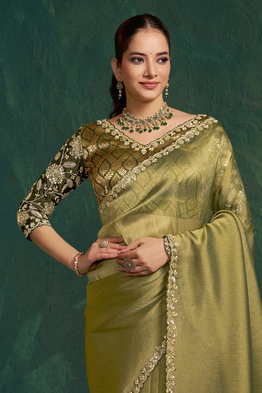 Olive Green Tissue Saree with Cutdana and Moti Work
