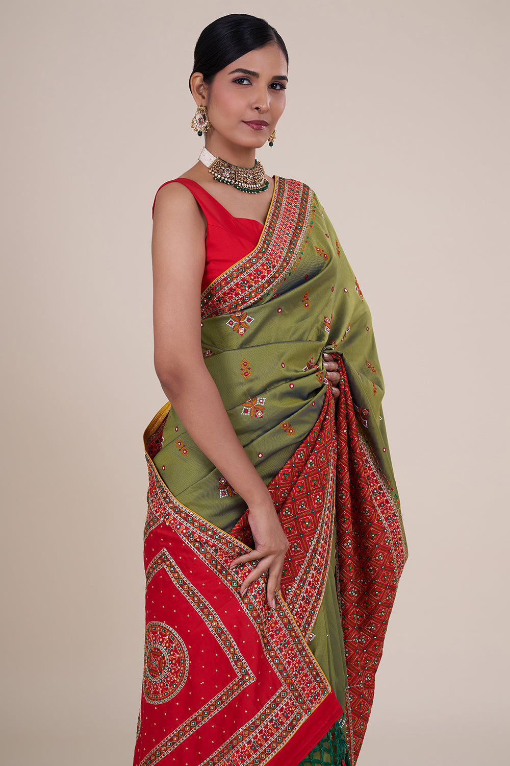 Olive embroidered soft silk festive saree