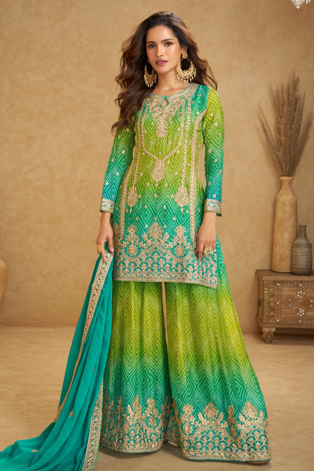 Ombre Chinon Palazzo Set with Mirror and Stone Embroidery