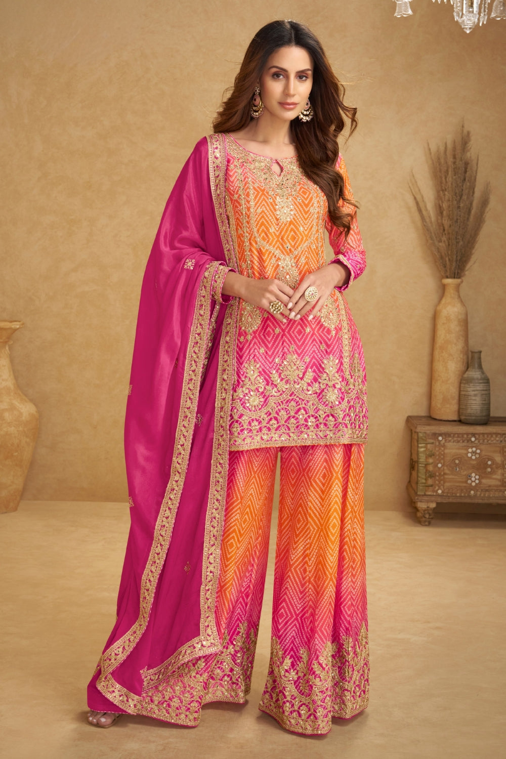 Ombre Chinon Palazzo Set with Mirror and Stone Embroidery