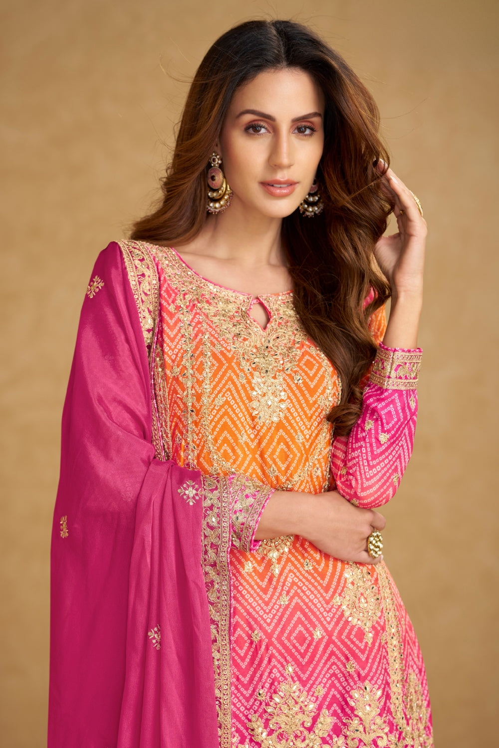 Ombre Chinon Palazzo Set with Mirror and Stone Embroidery