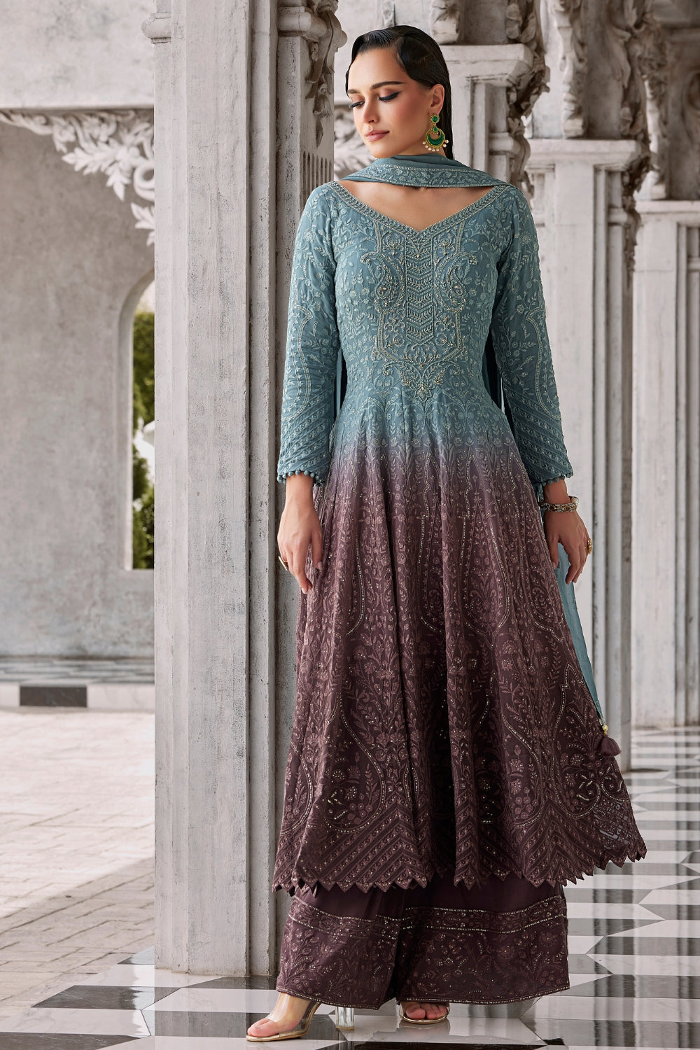 Ombre Georgette Anarkali Set with Zardosi and Cutdana Work