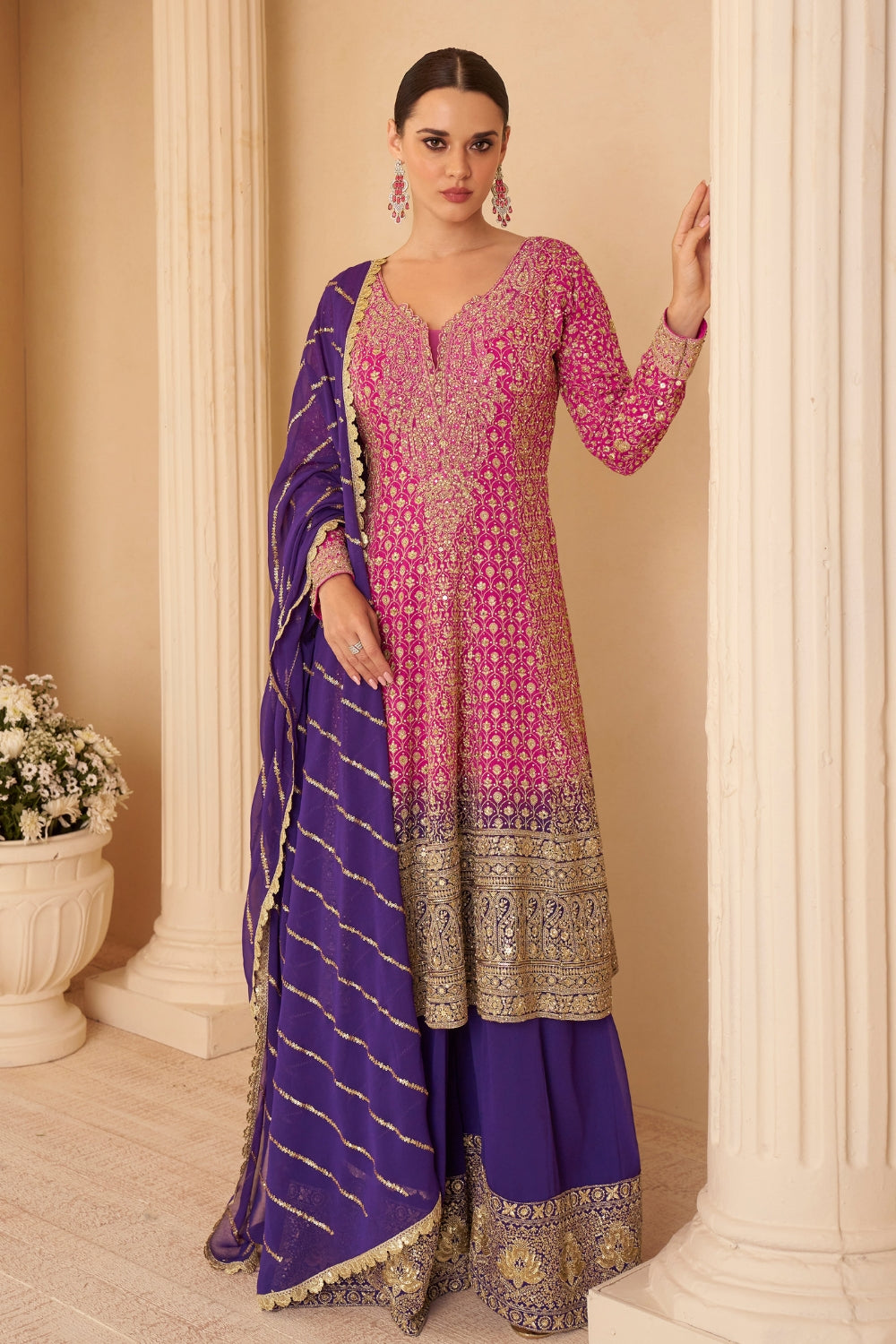 Pink and Purple Georgette Palazzo Set with Embroidery and Sequins Work