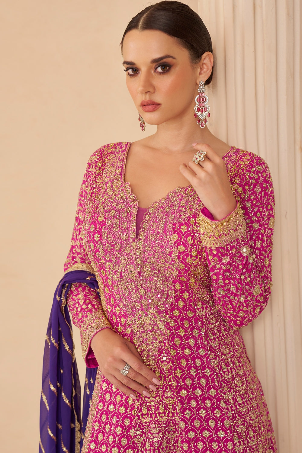 Pink and Purple Georgette Palazzo Set with Embroidery and Sequins Work