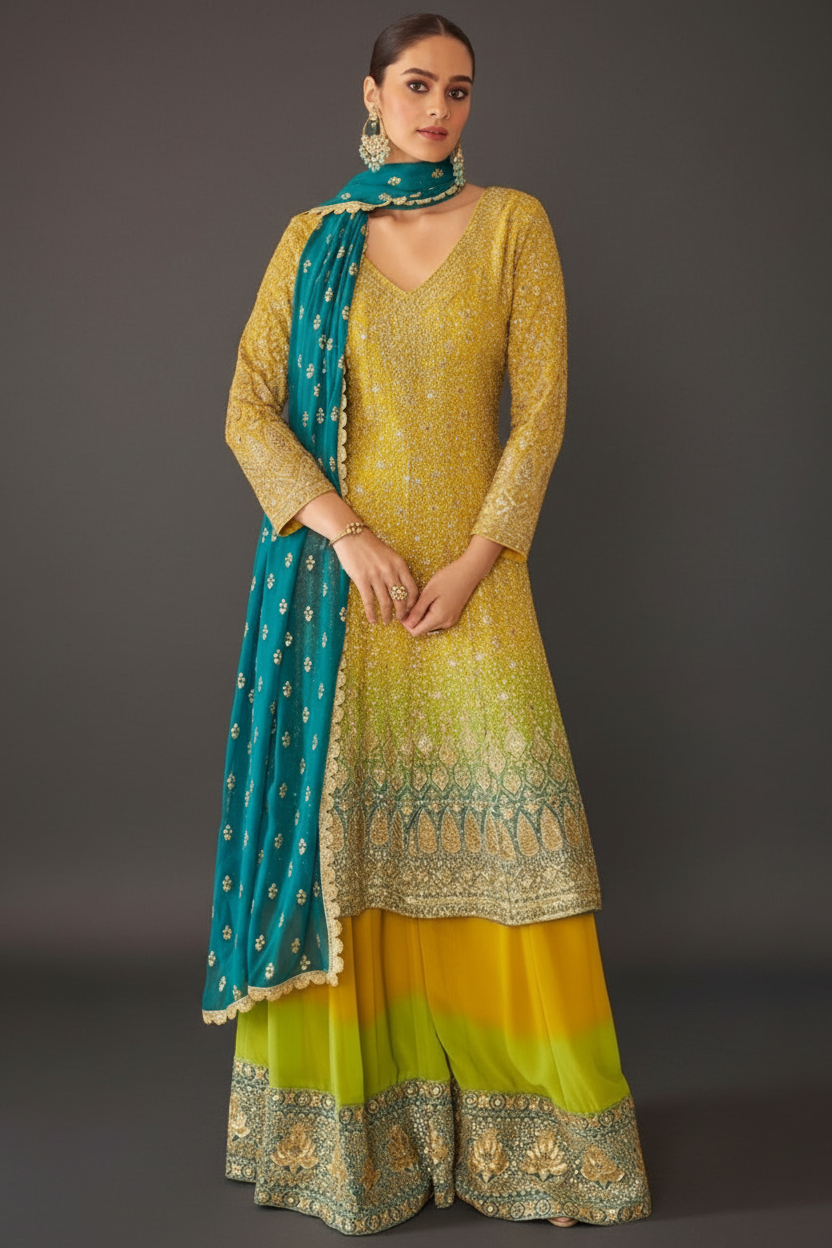 Ombre Georgette Palazzo Set with Embroidery and Sequins Work