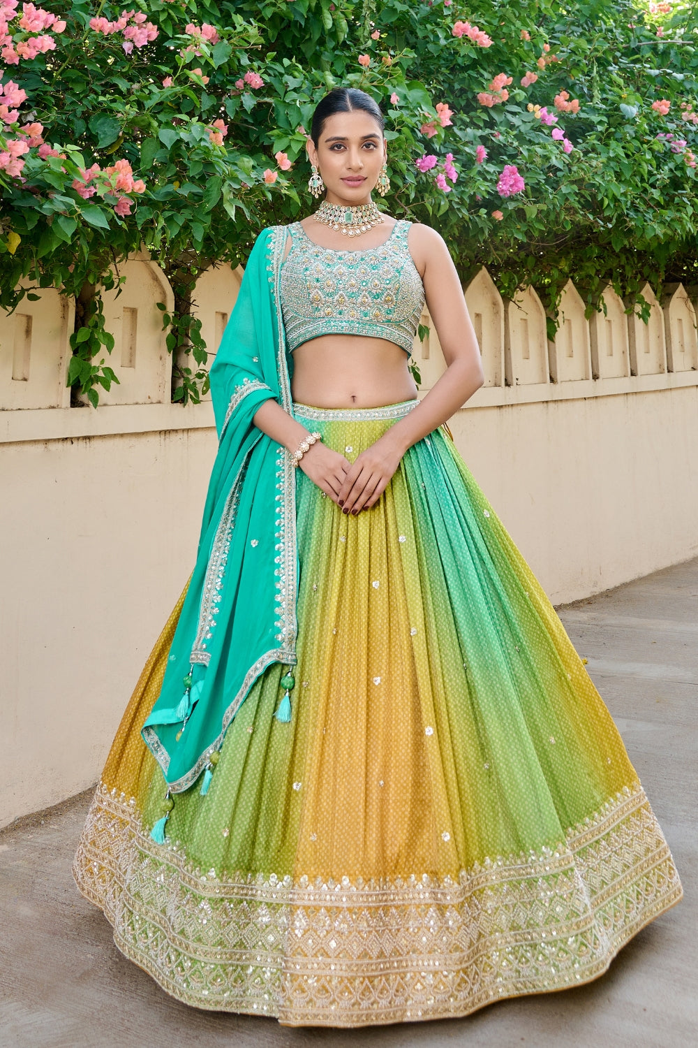 Ombre Silk Lehenga Set with Zardosi and Sequins Work