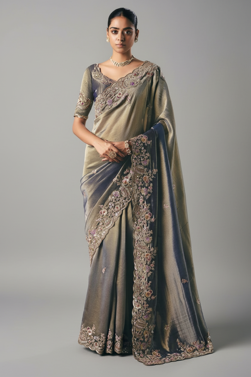 Ombre Tissue Saree with Mirror and Thread Work