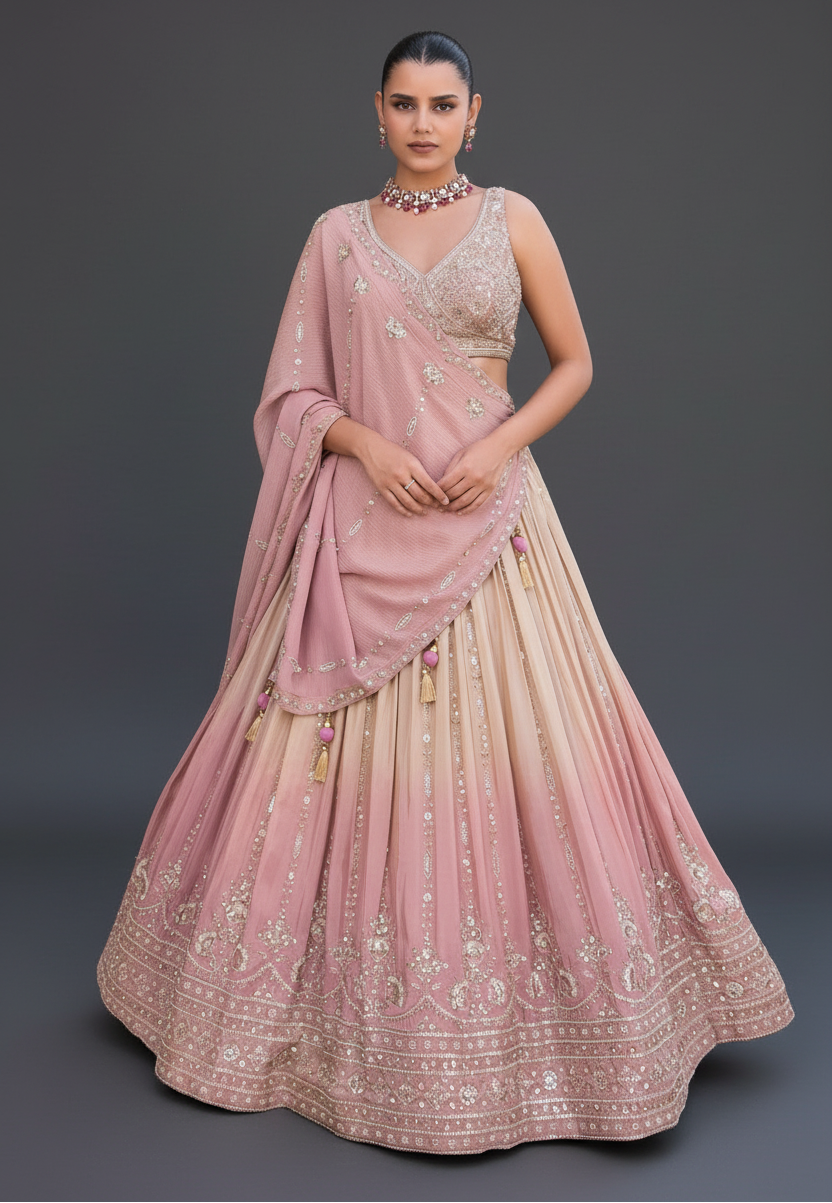 Ombre Tissue lehenga Set with Cutdana and Moti Work