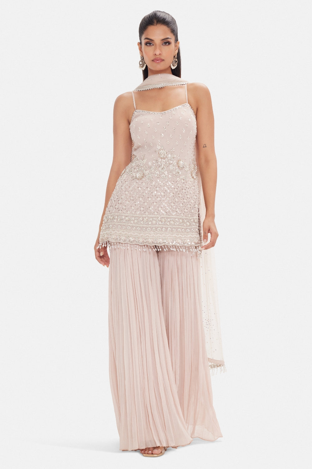 Onion Georgette Sharara Set with Cutdana and Beads Work