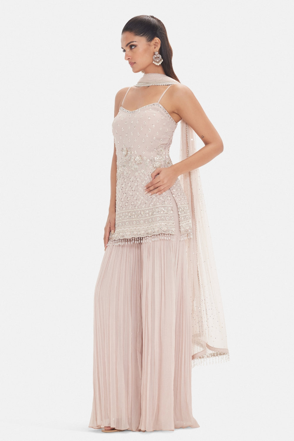 Onion Georgette Sharara Set with Cutdana and Beads Work