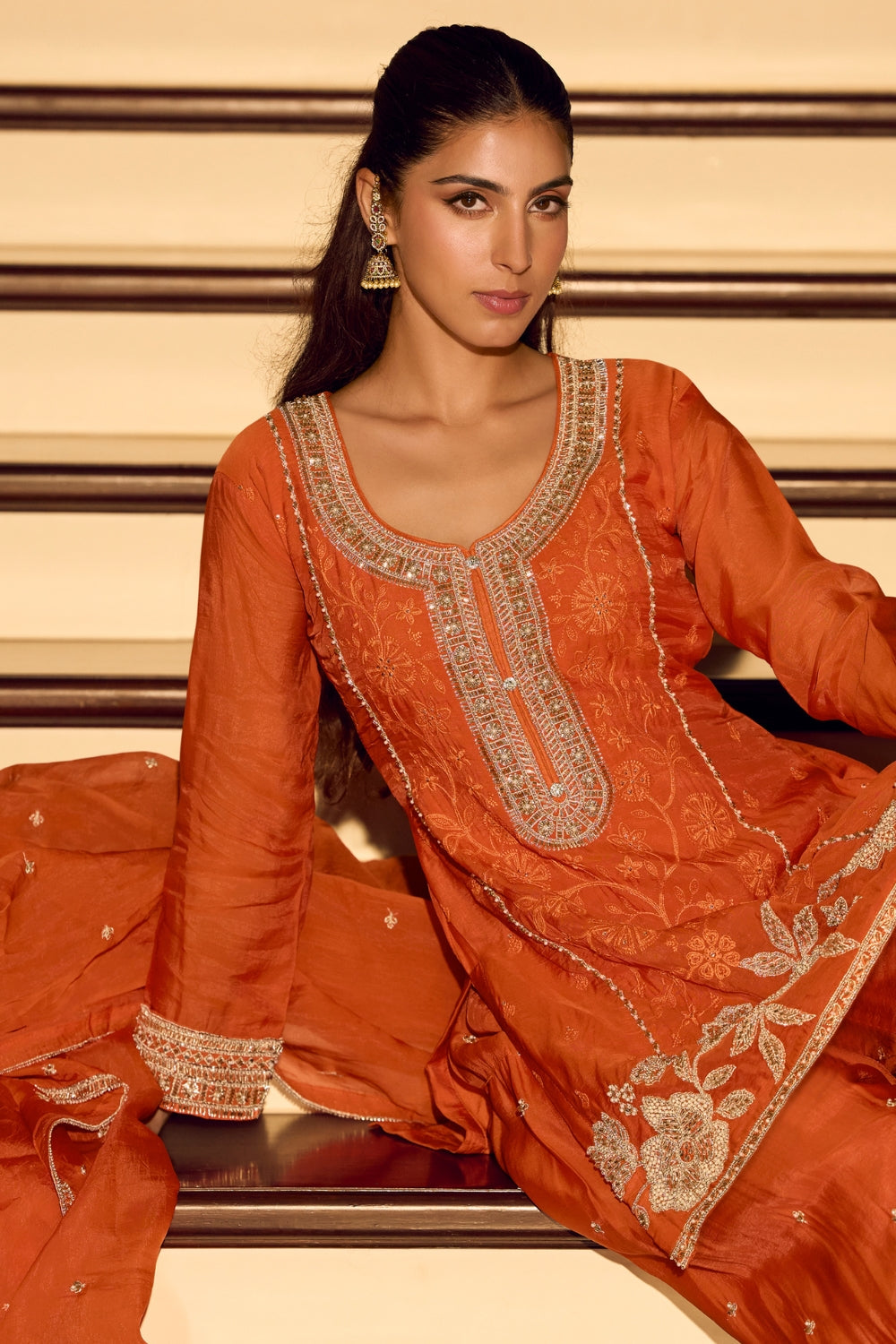 Orange Chinon Salwar Suit with Cutdana and Moti Work